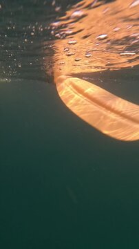 Underwater perspective showing a yellow paddle dipping into clear sea water, transitioning to surface level as a kayaker rows. Low-angle tracking shot.