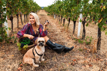 Obraz premium Woman sitting in vineyard with dog, holding grapes and basket