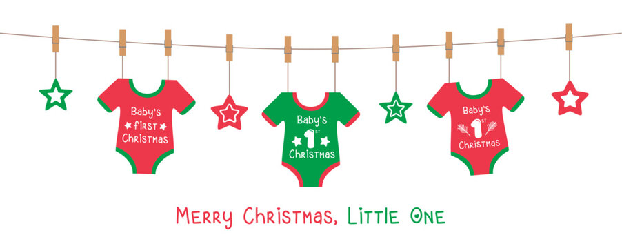 cute baby christmas greeting card with hanging bodysuits vector illustration