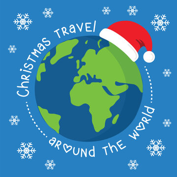 christmas travel around the world globe with santa hat vector illustration