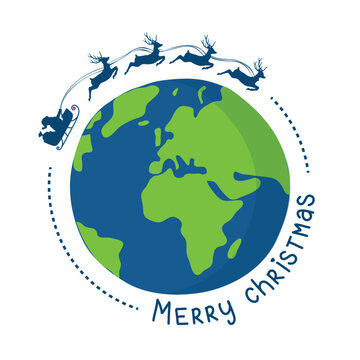 santa travel around the world with reindeers at christmas time vector illustration