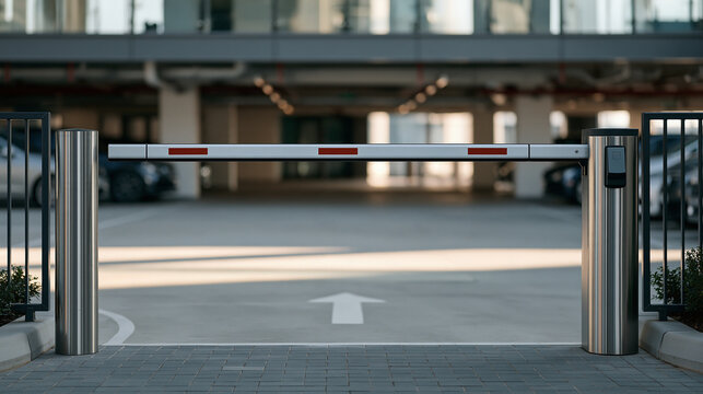 Freshly installed automatic boom gate barrier at the entrance of an underground corporate building car park, access card reader mounted on bollard, painted arrow on ground,