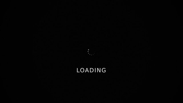 Minimalist loading screen with a spinning circular indicator and glitchy text on black, concept for digital buffering and system reboot, useful for website waiting pages and video transitions.