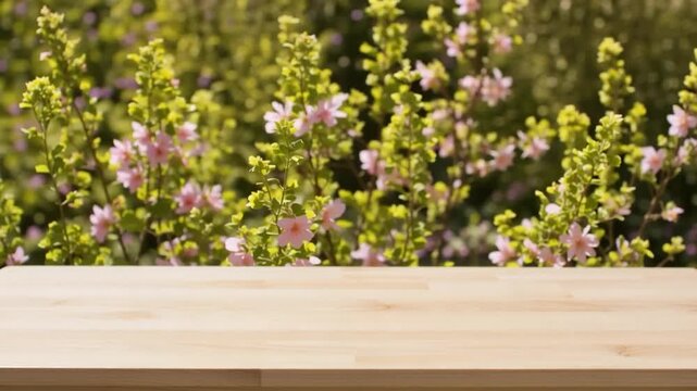 Empty pale wooden tabletop with a softly blurred flowering garden background for fresh spring product presentation.