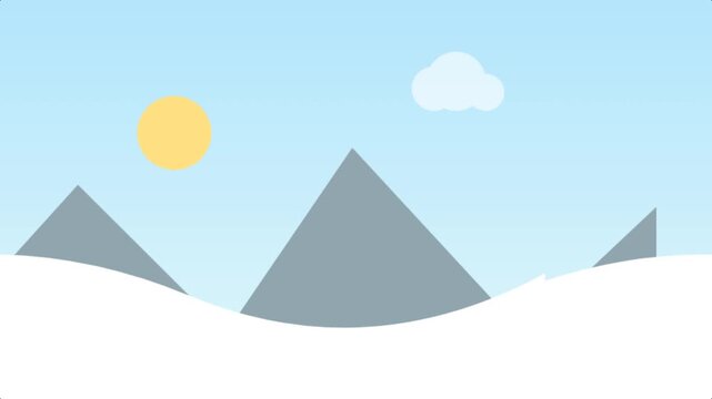Minimalist winter mountain landscape illustration featuring a stylized sun and cloud in a serene and peaceful outdoor natural scenery design