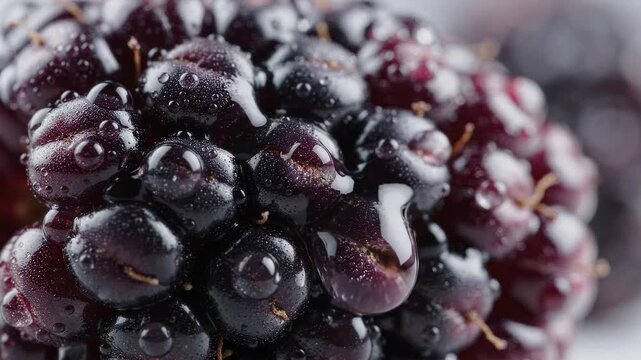 Crystal-clear droplets glisten across a ripe dark blackberry in a premium extreme macro fresh fruit scene.