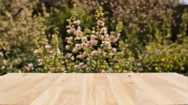 Empty pale wooden tabletop with a softly blurred flowering garden background for fresh spring product presentation.