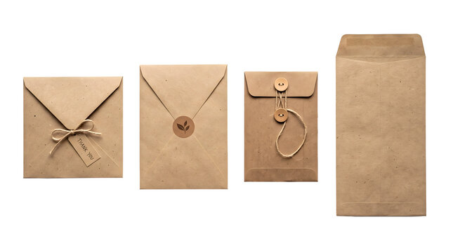 Set of various brown craft paper envelopes isolated on transparent background