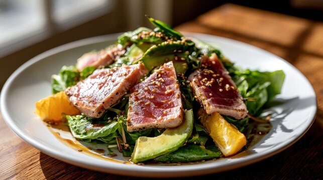 Seared ahi tuna tataki salad on a white plate with greens and citrus