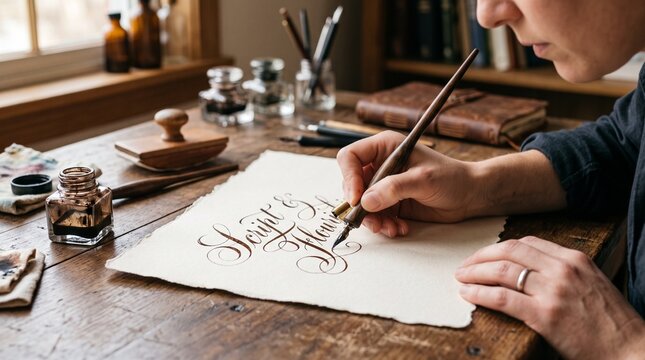Calligrapher drafting Copperplate script with vintage dipping pen