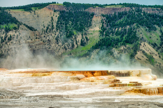 Wide landscape of Mammoth Hot Springs geothermal pools.