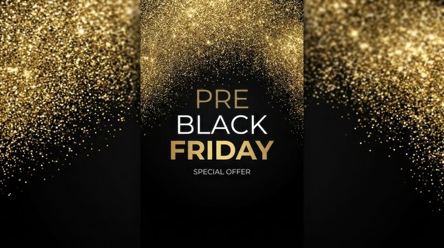 Pre Black Friday Special Offer Banner with Golden Glitter Dust on Black Background for Social Media Marketing