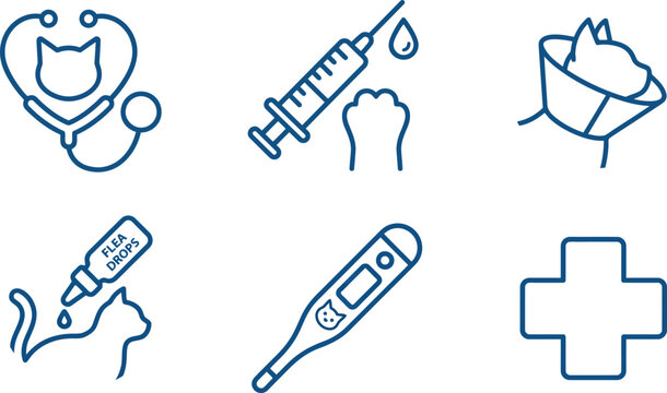 Veterinary medical care line icon set for cats including stethoscope syringe vaccine thermometer flea drops and cross isolated on white