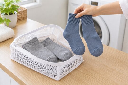 靴下を組ごと洗濯ネットへ入れて片方の紛失を防ぐ