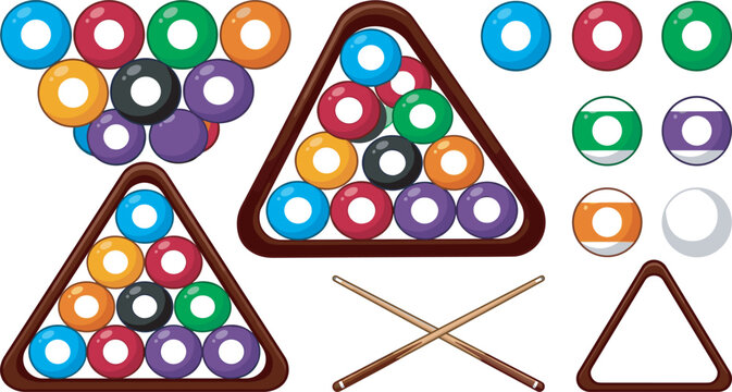 Billiards Pool Table Ball Icon Set Featuring Crossed Cues Wooden Triangle Racks Solid and Striped Numbers for Pub Gaming Tournament Designs