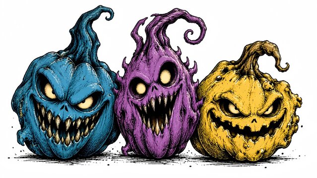 Three stylized jack-o'-lantern ghosts with exaggerated expressions in Halloween-themed illustration