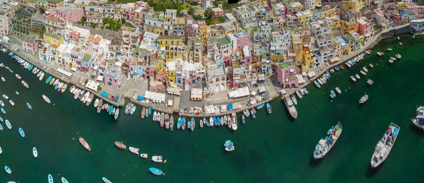 Beautiful aerial view of Procida seaside village and colorful architecture