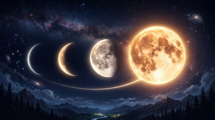 Fototapeta premium Moon phases glowing over nighttime mountainous landscape with stars