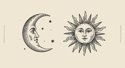 Crescent moon and radiant sun with human faces surrounded by stars. Hand-drawn vintage engraving illustration for astrology, celestial themes, posters, prints, branding, and packaging. © KOSIM