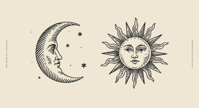 Crescent moon and radiant sun with human faces surrounded by stars. Hand-drawn vintage engraving illustration for astrology, celestial themes, posters, prints, branding, and packaging.