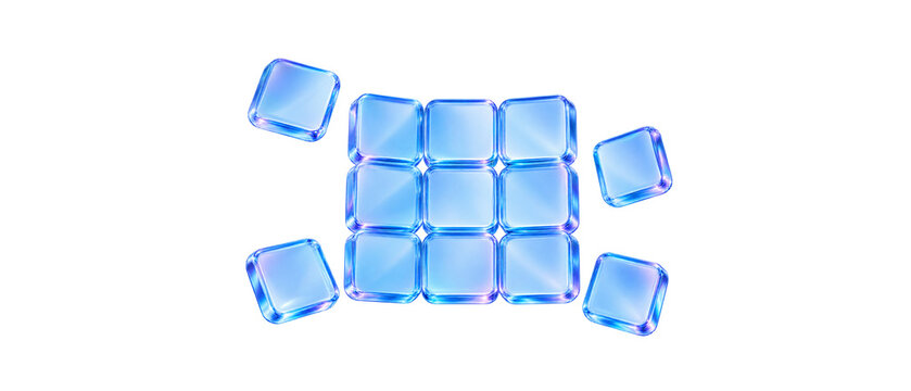 Three by three square matrix grid of nine floating translucent glass cubes. 3D blue glassmorphism app icon layout for modern interface. Isolated on transparent background.