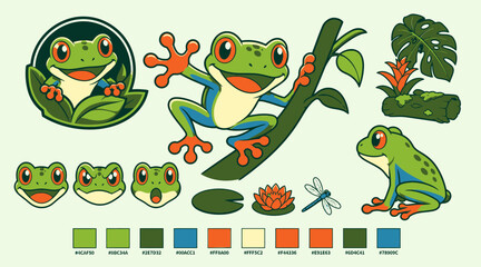 Fototapeta premium Tree frog mascot character design asset collection