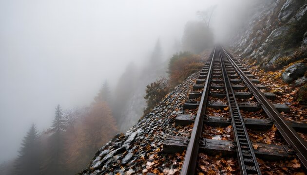 Abandoned funicular railway tracks on a steep mountain slope in autumn fog