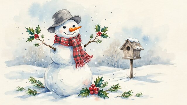 Watercolor snowman wearing a grey hat and red plaid scarf standing in a snowy landscape with a birdhouse