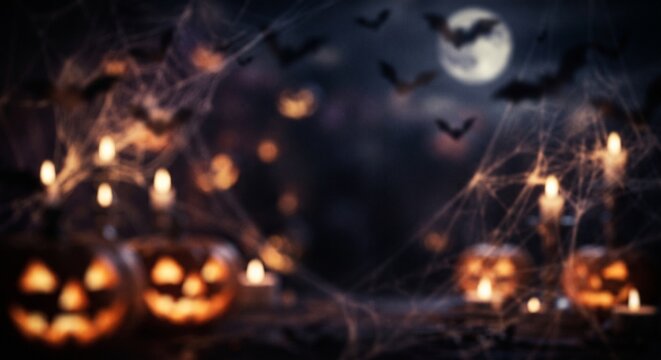 Spooky Halloween night background with glowing jack-o'-lanterns, spiderwebs, candles, and flying bats under a full moon