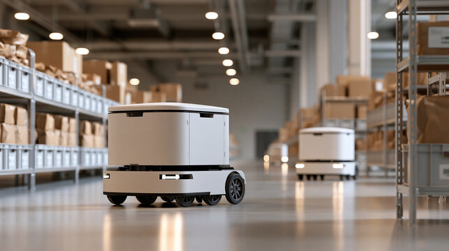 Two compact autonomous delivery robots traveling through a clean industrial warehouse aisle enclosed white cargo compartments mounted on low wheeled bases neatly organized shelf