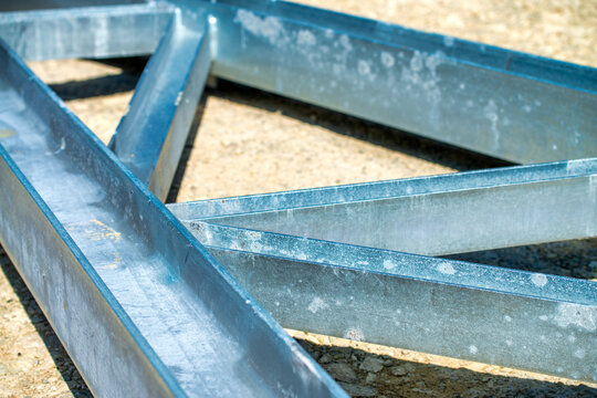 Industrial building site showing structural elements and framework during construction phase
