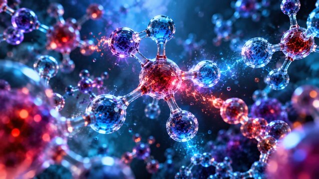 Complex red and blue atomic molecular structure visualization representing chemical reactions in science field.