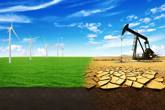 The concept of green energy windmills in a beautiful field. Oil pump in sandy field with cracks. Energy Production leads to the destruction of the world