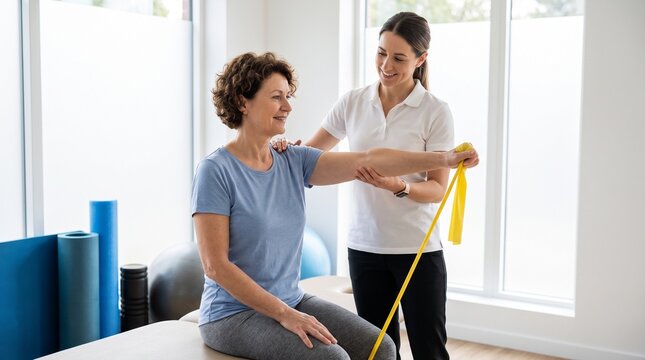 Smiling senior woman performing shoulder rehabilitation exercise with resistance band assisted by physical therapist