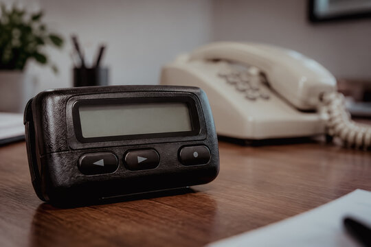 Digital pager on a wooden office desk