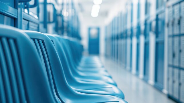 Empty blue plastic chairs in waiting room corridor