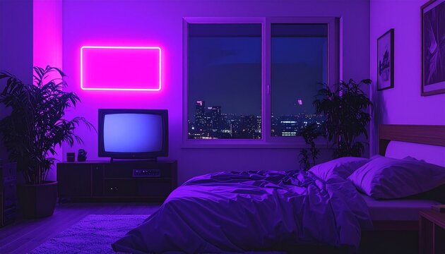 90年代レトロな深夜の部屋とネオンの光
