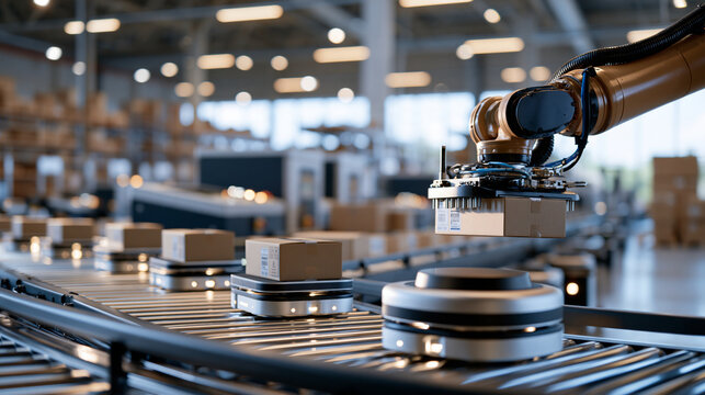 Integrated warehouse system with a robotic arm lifting parcels from a conveyor onto compact mobile transport robots cartons spaced evenly along clean steel rollers tidy machine
