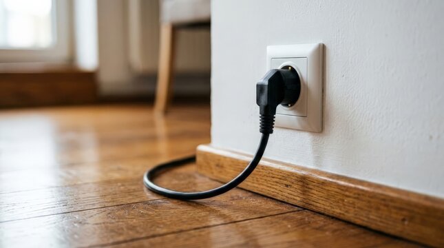 A close up view of a black electric plug inserted into a white wall socket near a wooden floor, representing a device that is currently not unplugged in a modern home