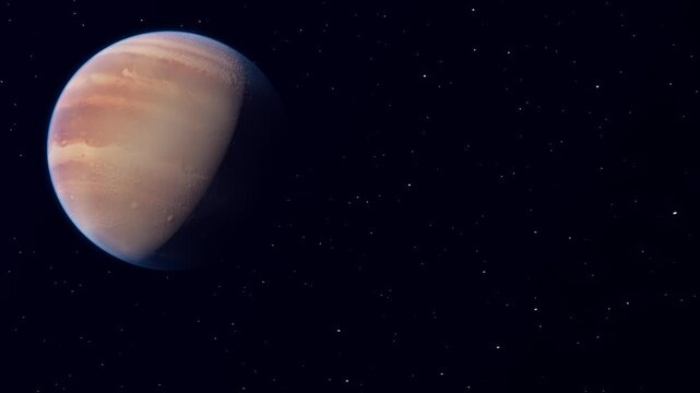 A planet with a golden-orange surface in space. A blue glow along the edge creates a striking three-dimensional image of a distant world. The animation conveys the atmosphere of space exploration, ast