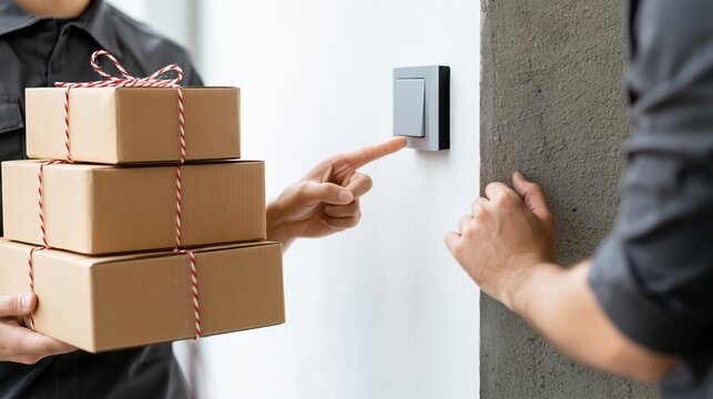 Delivery person ringing doorbell while holding stacked cardboard