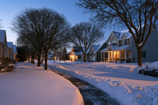 Snowy Suburban Street with Warm Porch Lights and Blue Winter Sky