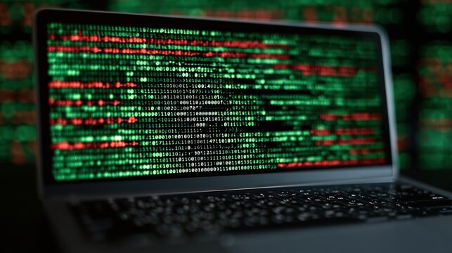 Laptop screen displays green and red binary code