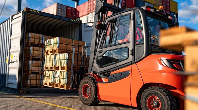 Orange forklift loading wooden crates into shipping container