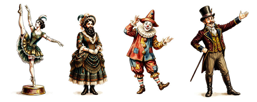 Set of four vintage circus performers including a ballerina, bearded lady, clown, and ringmaster
