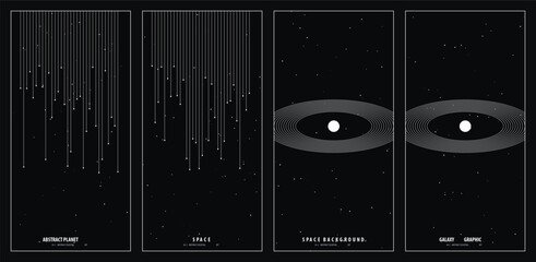 Minimalist cosmic poster design featuring abstract geometric shapes and planetary rings set against a deep dark starry night space background © nur