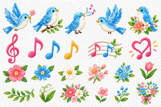 Embroidery style illustration set of blue birds, musical notes, and spring flowers, embroidered botanical patch collection, transparent background