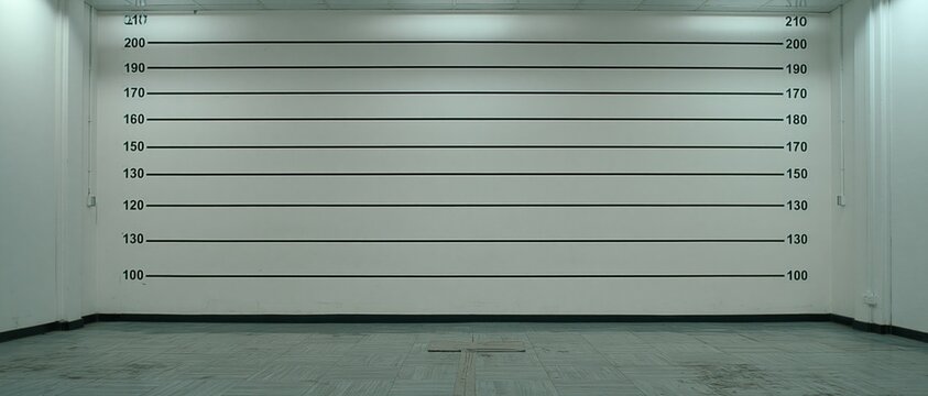 Empty police lineup room with height markings on