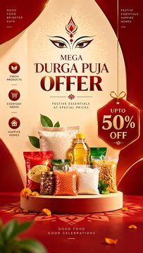 Mega Durga Puja Offer Poster with 50 Percent Off Festive Sale and Gift Products