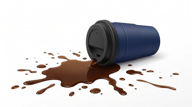 Tipped blue plastic travel mug with spilled dark brown coffee splashing across a bright white studio floor surface